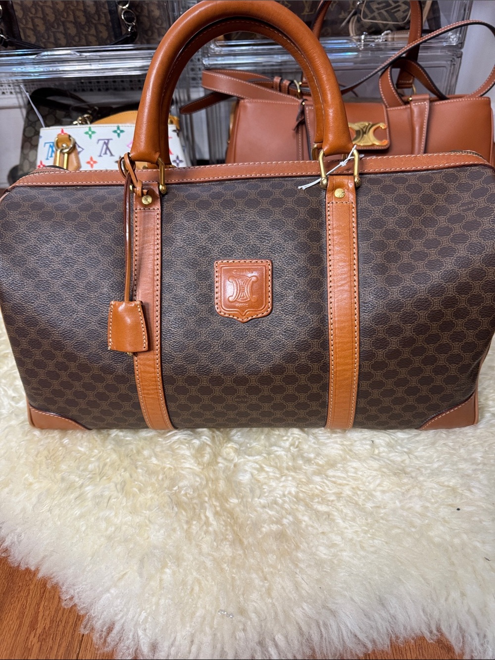Celine Brown Patterned Duffel with Tan Leather Trim